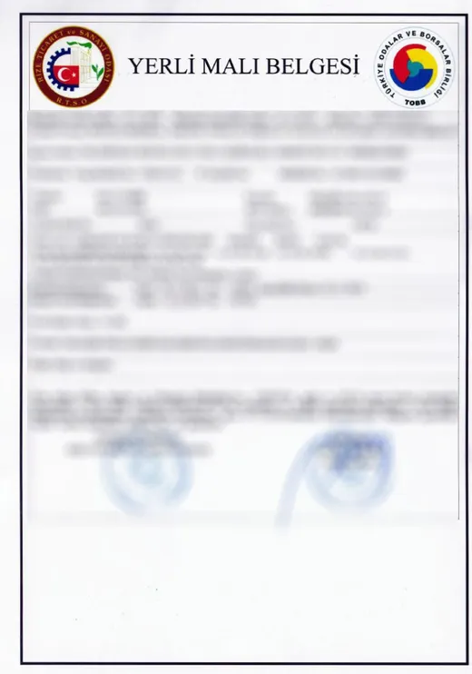 Domestic Goods Certificate (Yerli Malı Belgesi)